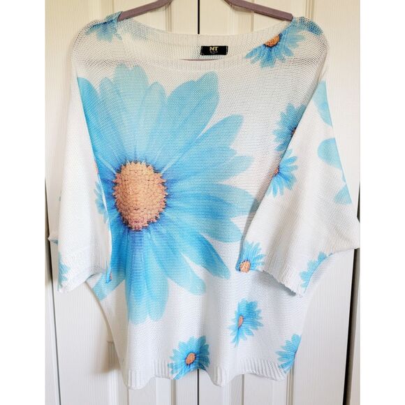 NT By Amati XL Italy SS Sweater Shirt Top Blue Sunflower Boat Neck *Loose Stitch - Picture 1 of 7